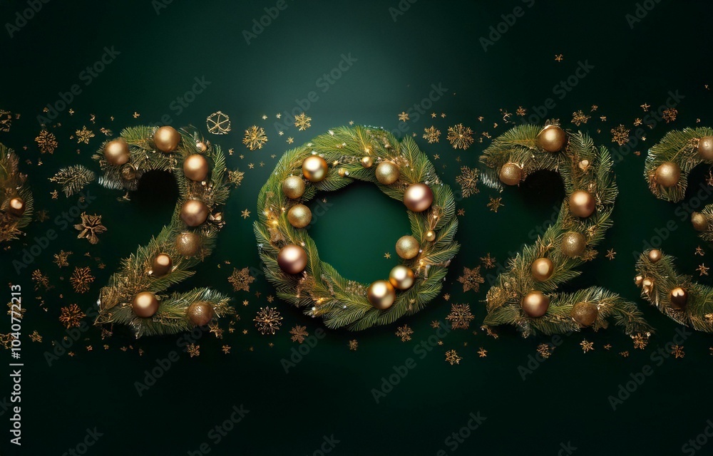 Golden baubles and pine branches form the number 2023, with gold snowflakes scattered around on a dark green background. Golden baubles and pine branches form the number 2023, with gold snowflakes scattered around on a dark green background.
