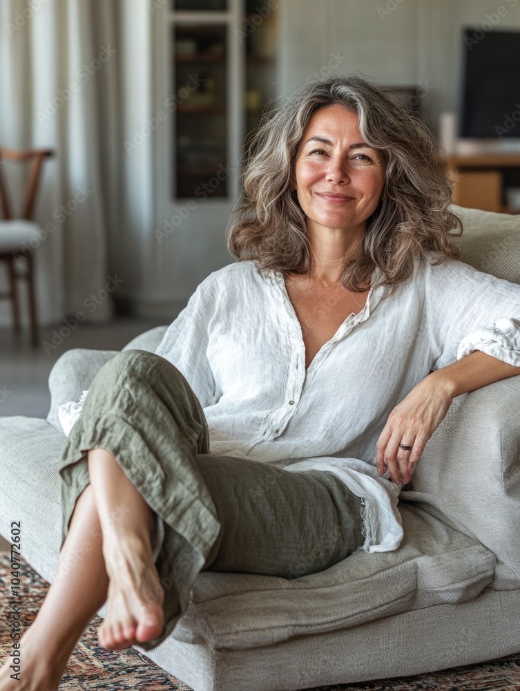Woman in Casual Attire Sitting on Couch Woman in Casual Attire Sitting on Couch