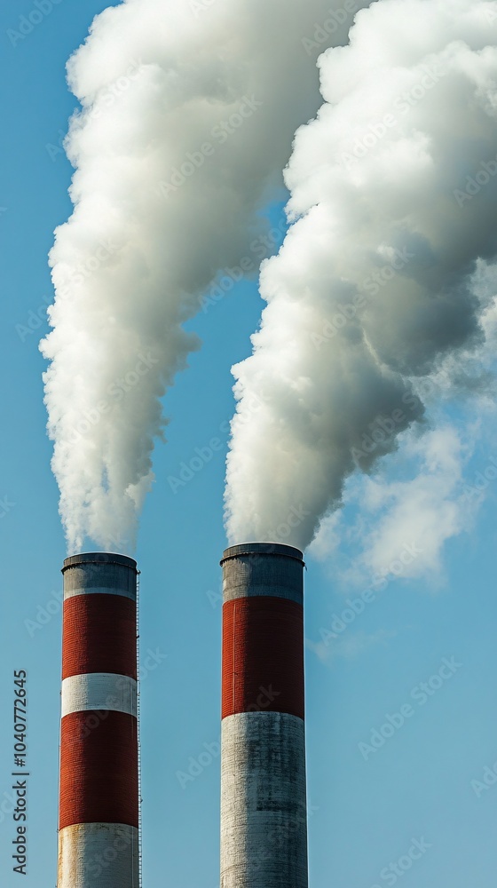 Close-up of two large smokestacks emitting thick white clouds against the blue sky, representing industrial air pollution. Close-up of two large smokestacks emitting thick white clouds against the blue sky, representing industrial air pollution.