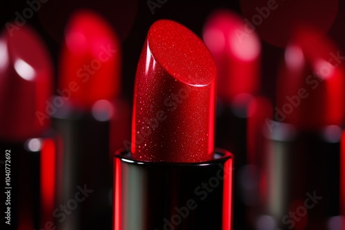 A radiant display of rich red lipsticks showcasing shimmering finishes under soft lighting photo