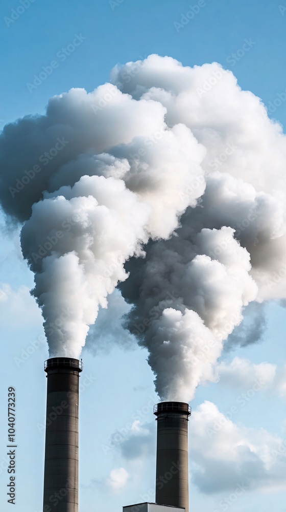 Close-up of two large smokestacks emitting thick white clouds against the blue sky, representing industrial air pollution. Close-up of two large smokestacks emitting thick white clouds against the blue sky, representing industrial air pollution.