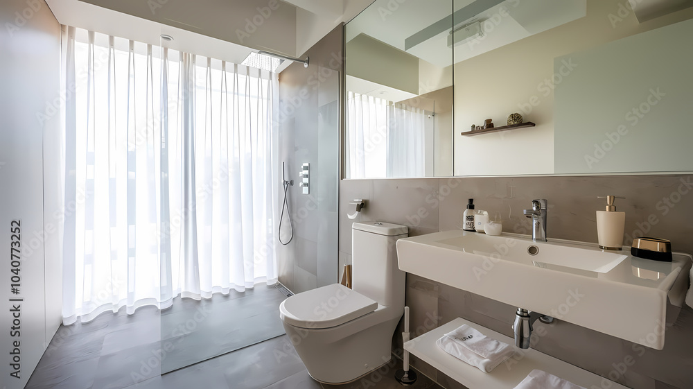 Modern bathroom design featuring a sleek shower with glass enclosure, minimalist vanity, and ample natural light streaming through sheer curtains. Clean and contemporary aesthetic. Modern bathroom design featuring a sleek shower with glass enclosure, minimalist vanity, and ample natural light streaming through sheer curtains. Clean and contemporary aesthetic.