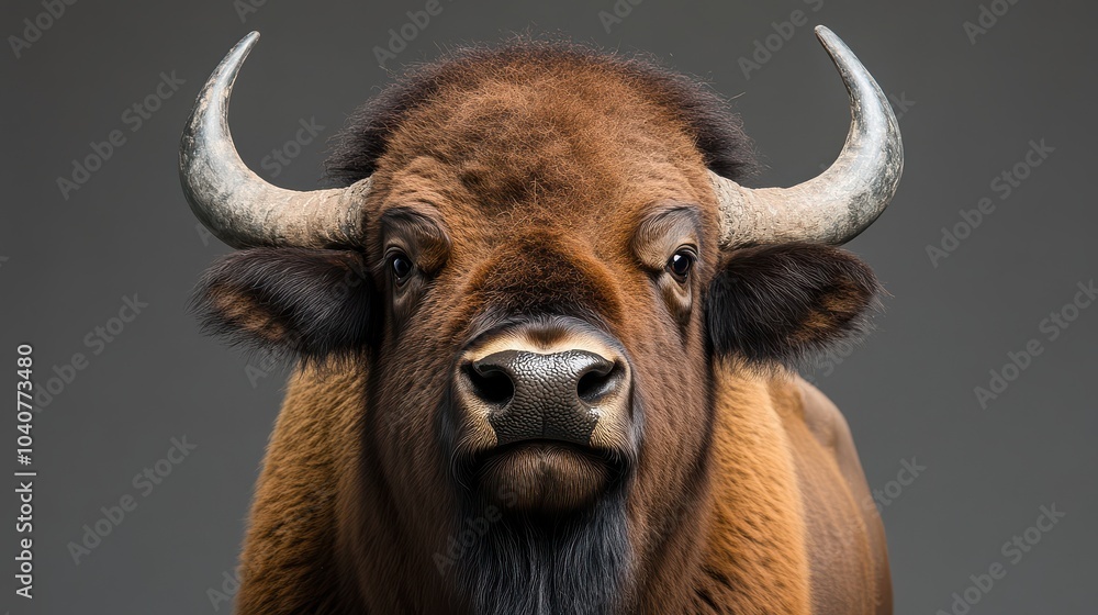 Close-up of a bison facing camera on gray background Close-up of a bison facing camera on gray background