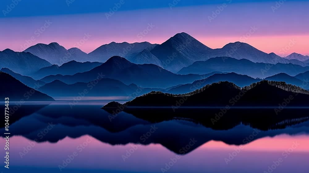 Serene mountain landscape reflected on a tranquil lake during dusk. Serene mountain landscape reflected on a tranquil lake during dusk.