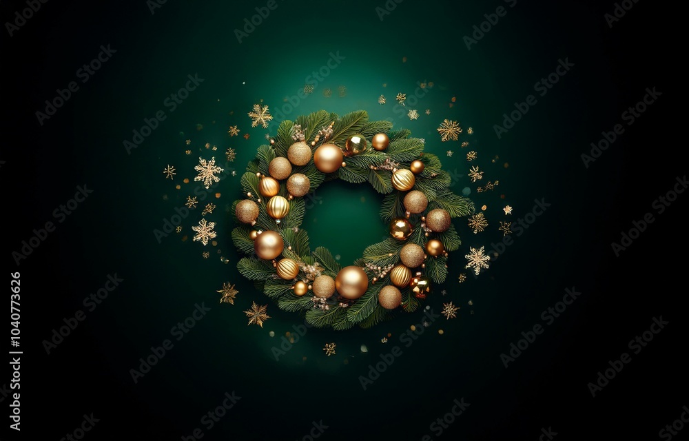 Obraz premium A gold and green Christmas wreath with snowflakes falling around it.