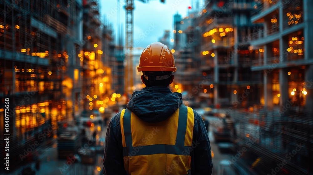 Obraz premium Worker observing a bustling construction site at dusk.