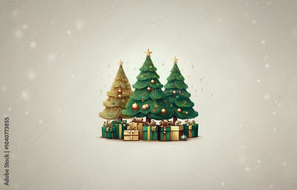 Fototapeta premium Three decorated Christmas trees with gold ornaments and stars stand on a light beige background with small snowflakes falling around them. They have presents at their base, wrapped in green paper with