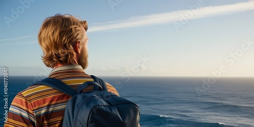 nomadic man gazing at ocean embodying sustainable ecofashion lifestyle photography (3) photo