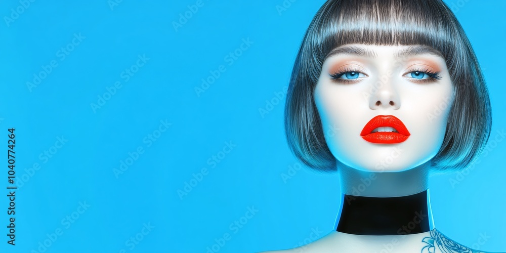 fashion portrait of a beautiful woman with bangs and red lips on a blue background, a beauty concept, a beauty advertisement, a fashion magazine cover design fashion portrait of a beautiful woman with bangs and red lips on a blue background, a beauty concept, a beauty advertisement, a fashion magazine cover design