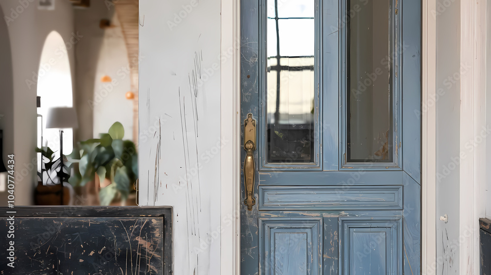 Fototapeta premium Rustic blue door with a glass panel, framed by a cozy interior featuring greenery and soft lighting. Ideal for home decor inspiration.