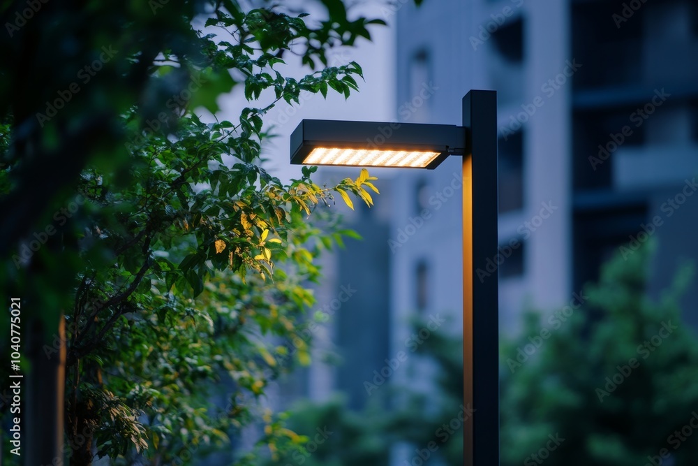 A modern LED street lighting pole illuminating an urban pathway at dusk near lush greenery in a contemporary city setting A modern LED street lighting pole illuminating an urban pathway at dusk near lush greenery in a contemporary city setting