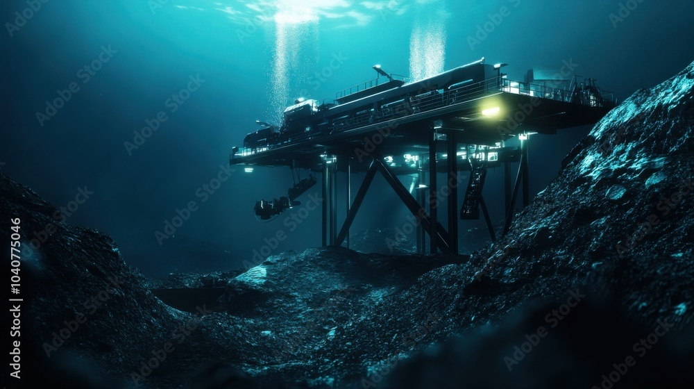 A futuristic underwater mining facility extracting minerals from the ocean floor, Deep-sea mining style, photo of A futuristic underwater mining facility extracting minerals from the ocean floor, Deep-sea mining style, photo of