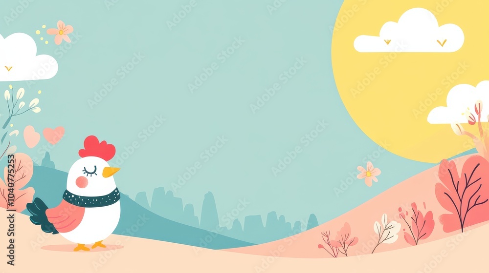 Cartoon illustration of a chicken in a sunny landscape Cartoon illustration of a chicken in a sunny landscape