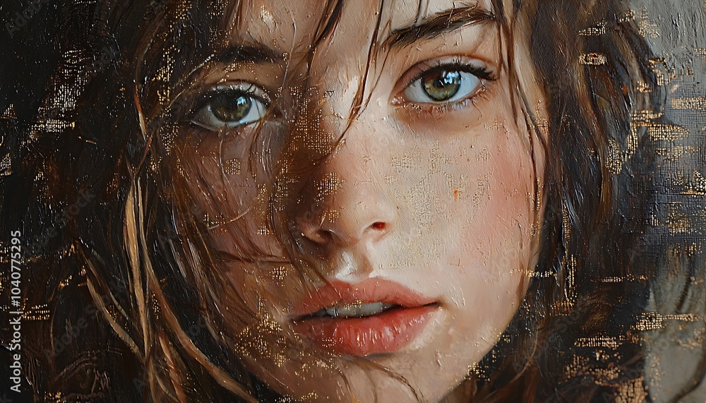 Fragment a portrait painting featuring a girl with brown hair, created in a classic artistic Fragment a portrait painting featuring a girl with brown hair, created in a classic artistic