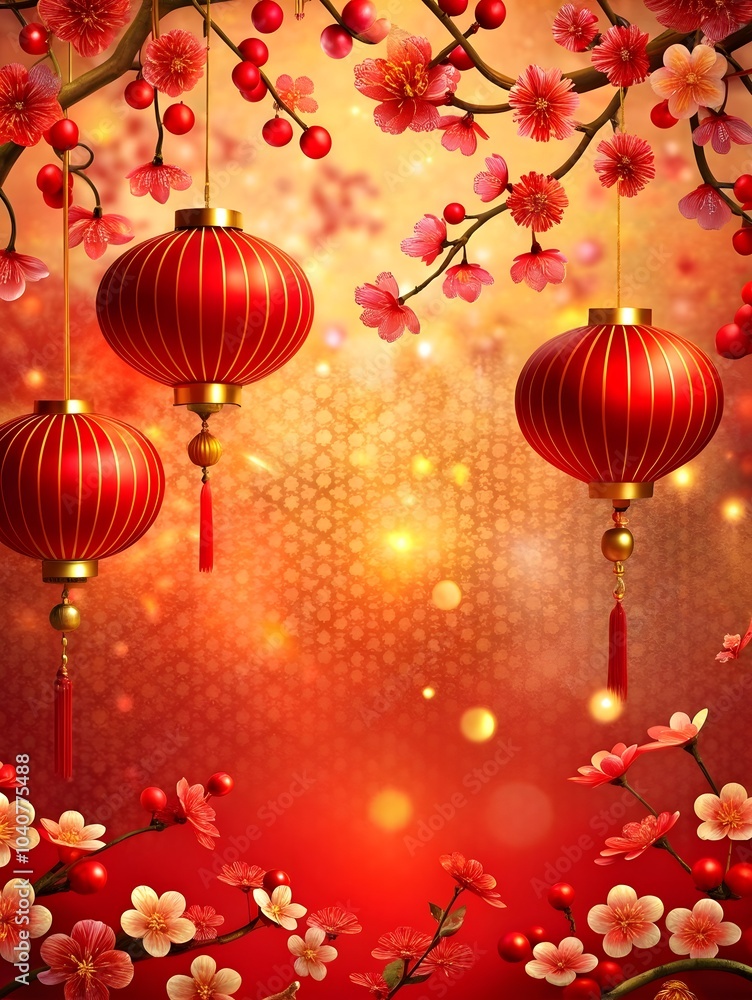 Chinese new year card with flowers and red lanterns. Chinese new year card with flowers and red lanterns.