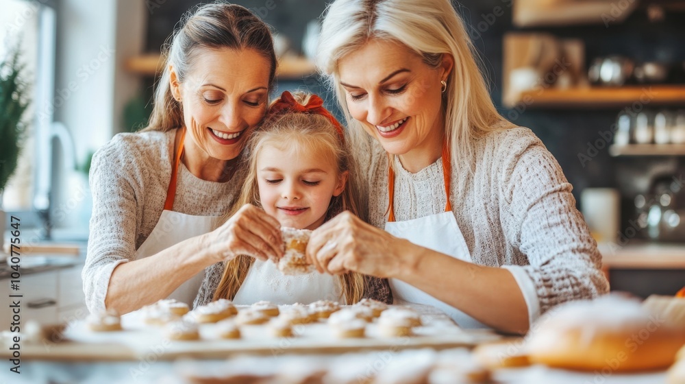 Happy Grandparents and Grandchild Baking Cookies Together in Kitchen Happy Grandparents and Grandchild Baking Cookies Together in Kitchen