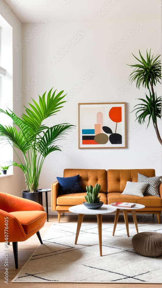 Fototapeta premium Modern Living Room with Designer Furniture and Vibrant Houseplants