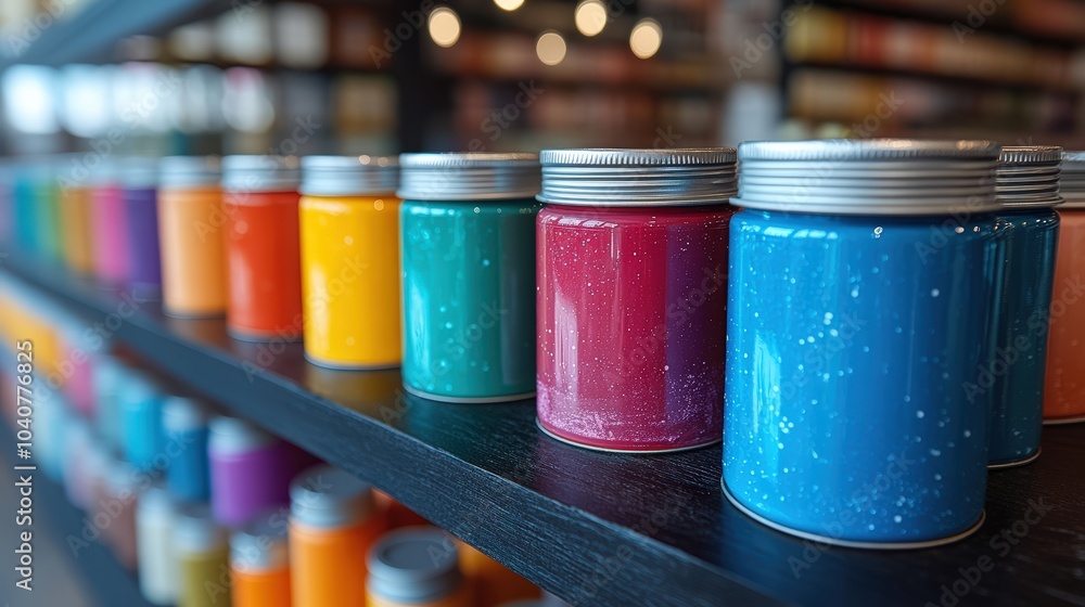 Colorful paint cans on a shelf in an art store Colorful paint cans on a shelf in an art store