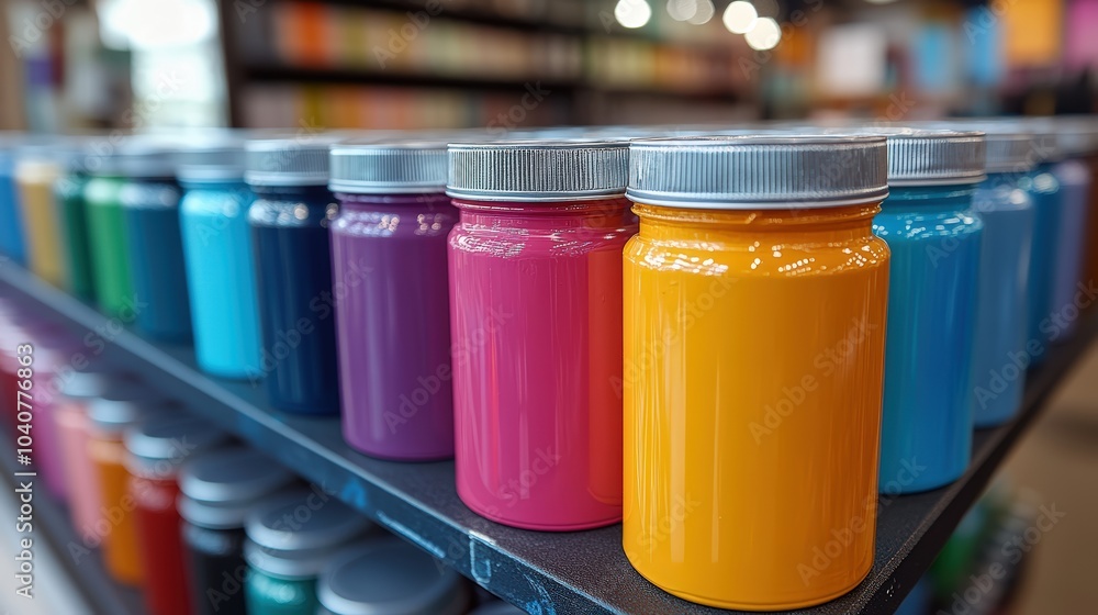 Colorful paint cans on a shelf in an art store Colorful paint cans on a shelf in an art store