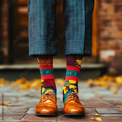 Feet in bold patterned socks, showing off unique designs, National Sock Day fashion 