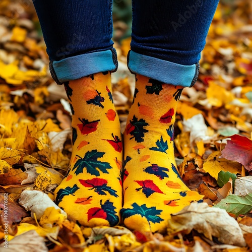 Feet in festive Thanksgiving socks, autumn leaves scattered, National Sock Day theme  photo