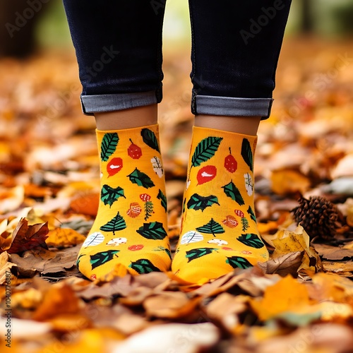 Feet in festive Thanksgiving socks, autumn leaves scattered, National Sock Day theme  photo