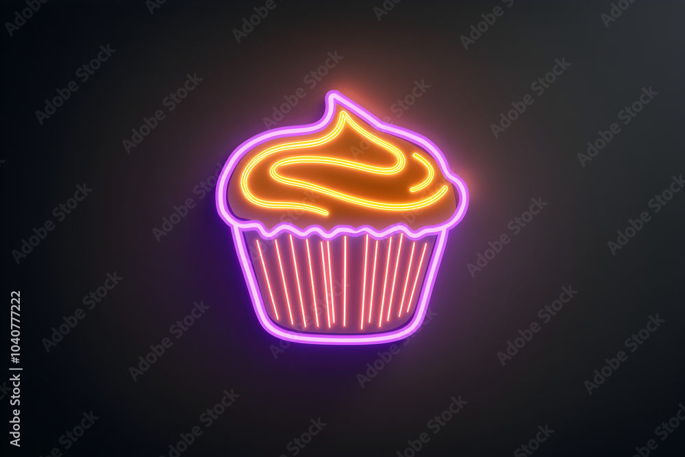 Neon orange muffin icon with purple outlines on black background. Neon orange muffin icon with purple outlines on black background.