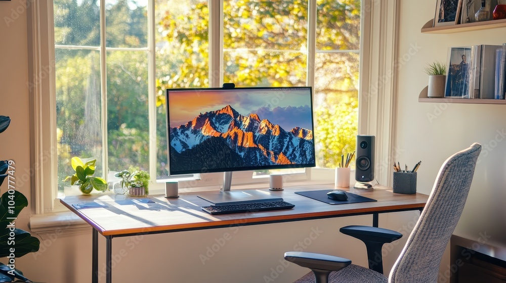 Fototapeta premium Stylish Ergonomic Desk Setup for Home Office