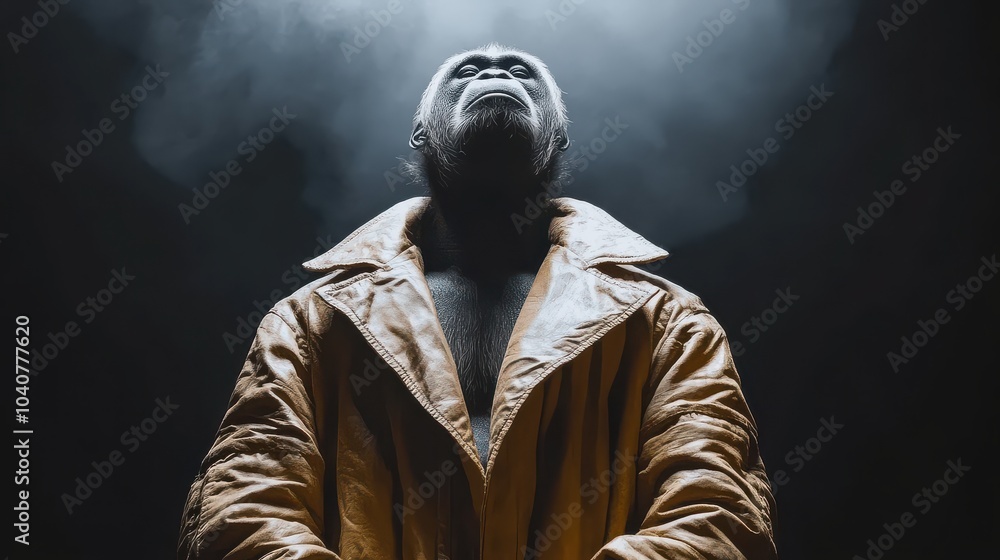 Portrait of a gorilla wearing a leather jacket under dramatic lighting Portrait of a gorilla wearing a leather jacket under dramatic lighting