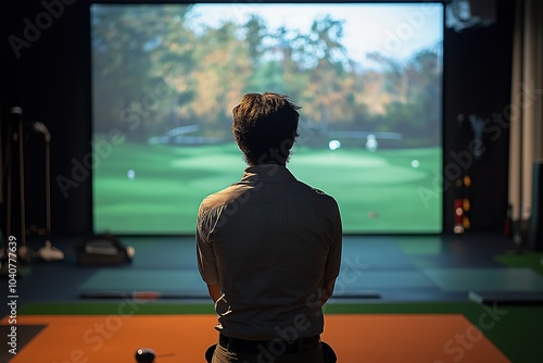 Golfer playing golf in indoor simulator Mixed media. golf simulator photo