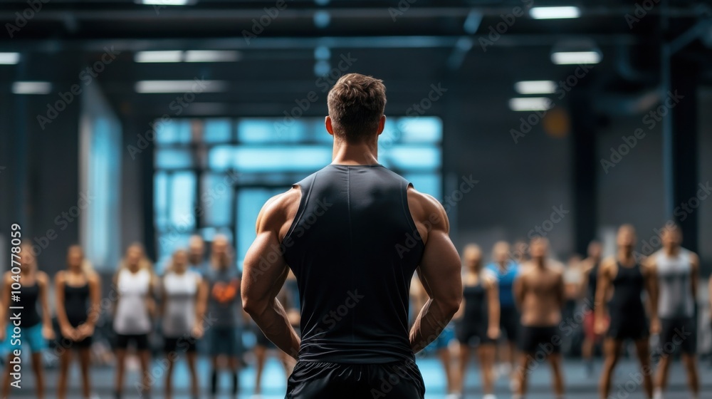 A fitness instructor leading a group workout session in a gym. A fitness instructor leading a group workout session in a gym.