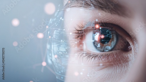 The image features a close-up of an eye, enhanced by digital patterns and data streams. The background is slightly blurred, creating a futuristic and reflective atmosphere.