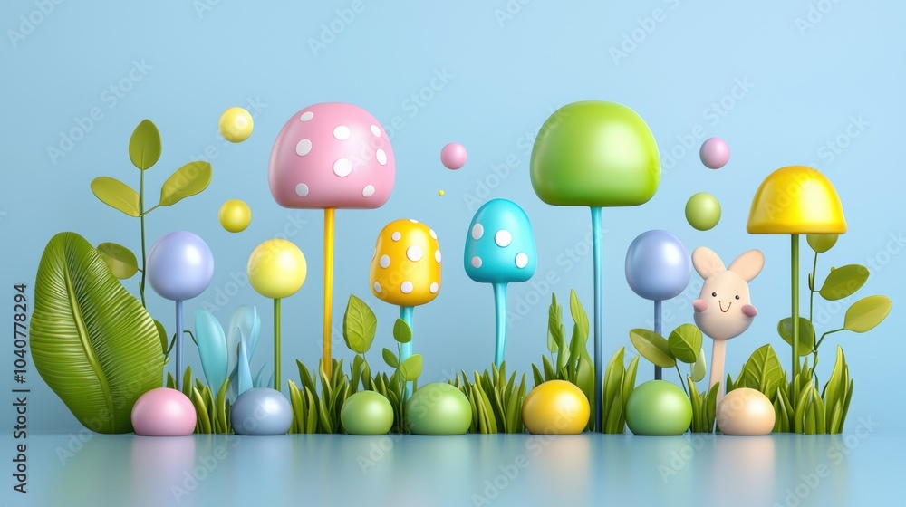 Colorful Spring Nature Composition with Easter Eggs and Mushrooms Colorful Spring Nature Composition with Easter Eggs and Mushrooms