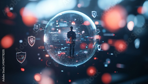 A lone individual encircled by a transparent digital sphere, with colorful data nodes and security icons. The atmosphere conveys a sense of contemplation and connectivity in the tech world.