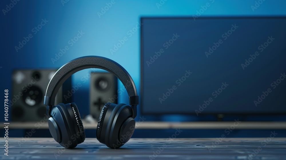 Black Headphones Resting on a Table in Front of a TV and Speakers Black Headphones Resting on a Table in Front of a TV and Speakers