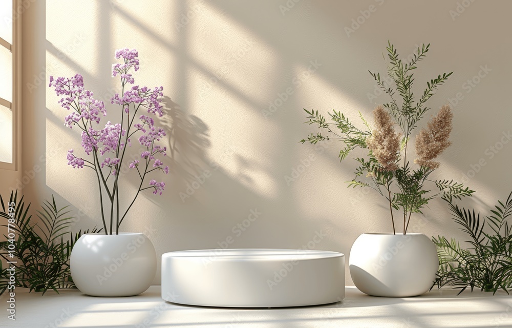 Minimalist Three White Cylindrical Podiums on Beige Background Minimalist Three White Cylindrical Podiums on Beige Background