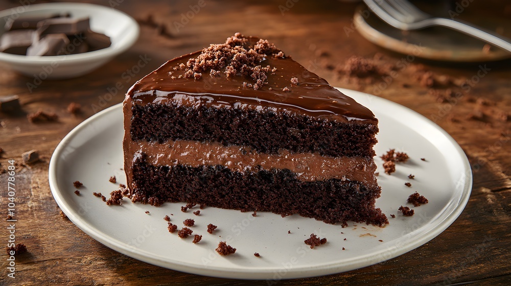 A slice of gooey homemade chocolate cake with ganache drizzling, placed on a white plate, crumbs scattered on a rustic wooden surface, inviting dessert scene A slice of gooey homemade chocolate cake with ganache drizzling, placed on a white plate, crumbs scattered on a rustic wooden surface, inviting dessert scene