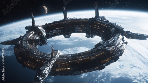 Fototapeta Naklejka Na Ścianę i Meble -  Circular space station with sleek docking ports, ships arriving and departing, distant planet with rings visible in the backdrop, high-tech structure in space