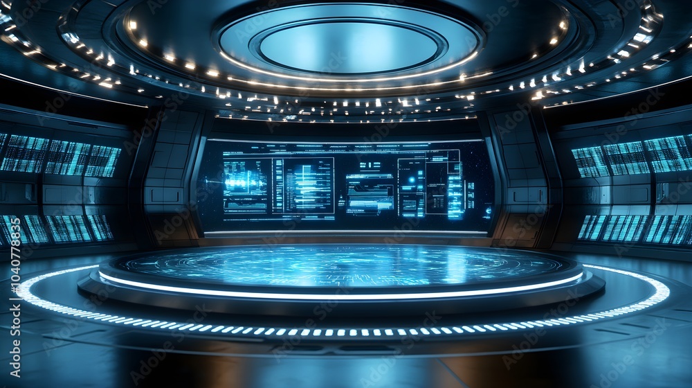 Crew in a circular starship control room, floating holographic dashboards projecting flight data and interstellar charts, sleek futuristic design with ambient lighting Crew in a circular starship control room, floating holographic dashboards projecting flight data and interstellar charts, sleek futuristic design with ambient lighting