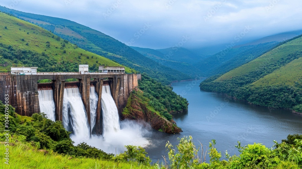 Majestic Hydroelectric Dam and Waterfall Amidst Lush Green Mountains and Lake Majestic Hydroelectric Dam and Waterfall Amidst Lush Green Mountains and Lake