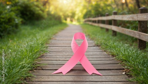 Pink Ribbon Symbolizing Awareness on a Serene Outdoor Pathway Representing Hope and Support photo