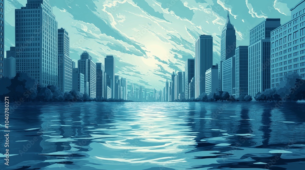 Illustration of Rising Sea Levels in Urban Setting Illustration of Rising Sea Levels in Urban Setting