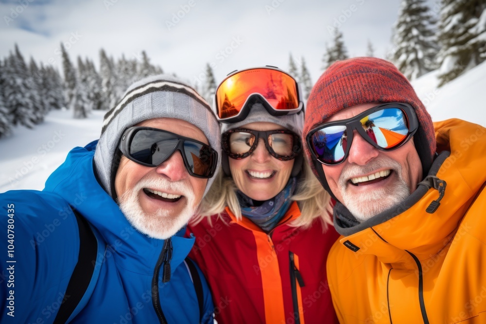 Group portrait of senior friends enjoying a day skiing in the mountains Group portrait of senior friends enjoying a day skiing in the mountains