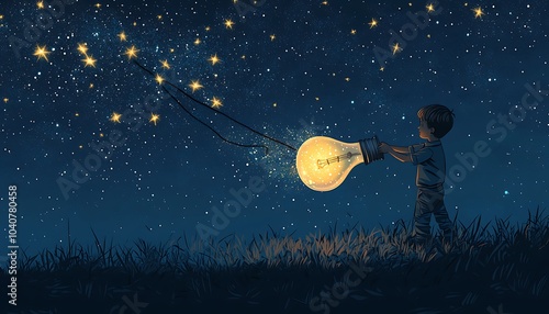 Illustration a boy pulling a large bulb half-buried in the ground against a starry night sky, rendered in a digital art photo