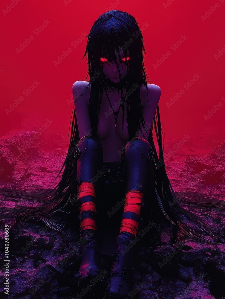Obraz premium Surreal figure with glowing red eyes in a dark red environment
