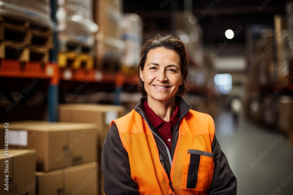 Portrait of a joyful middle aged female warehouse worker Portrait of a joyful middle aged female warehouse worker