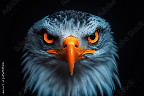 Bald Eagle Staring Forward with Fierce Gaze on Black Background