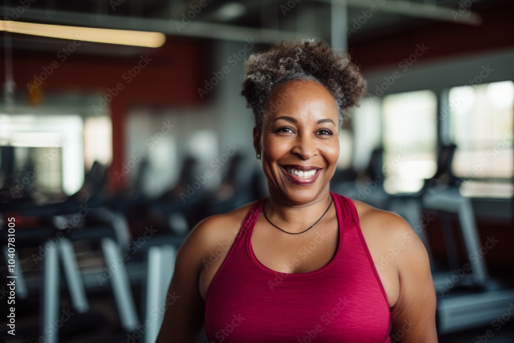 Smiling portrait of a slightly overweight middle aged woman in gym Smiling portrait of a slightly overweight middle aged woman in gym