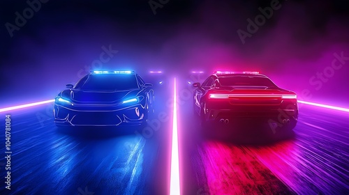 Police cars in pursuit, seen from overhead in heavy fog, neon underglow lighting the roads, Futuristic style, dark city streets, fast motion blur, vibrant blue and red hues photo