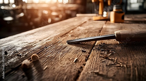 Close-up shot of carpentry tools assembling a wooden kitchen table, warm tones, rustic style, soft natural lighting, Vintage